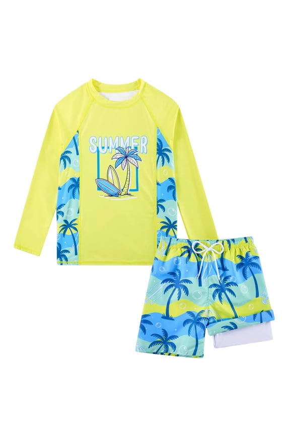 2 Piece Boy's Swimsuit Set Long Sleeve Kids Rash Guard Bathing Suit Swimswear with Swim Trunks for 8-12Y