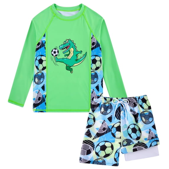 Aideaone 2 Piece Boy's Swimsuit Set Long Sleeve Kids Rash Guard Bathing Suit Swimswear with Swim Trunks for 8-12Y