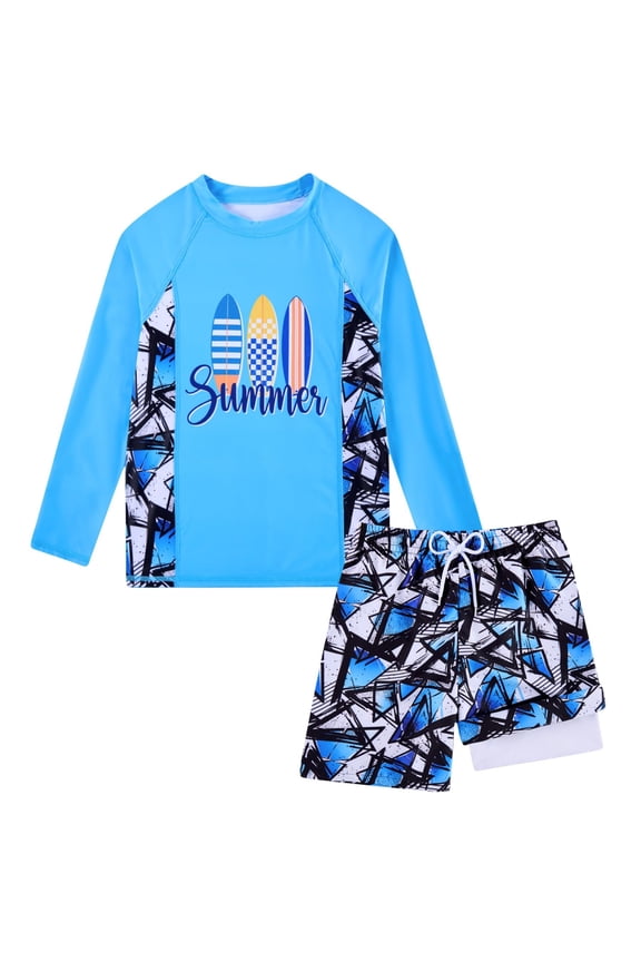 2 Piece Boy's Swimsuit Set Long Sleeve Kids Rash Guard Bathing Suit Swimswear with Swim Trunks for 8-12Y