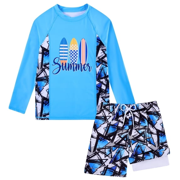 Aideaone 2 Piece Boy's Swimsuit Set Long Sleeve Kids Rash Guard Bathing Suit Swimswear with Swim Trunks for 8-12Y