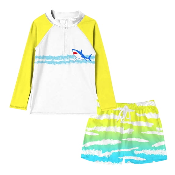 Aideaone 2 Piece Boys Swimsuit Set Kids Zipper Long Sleeve Rash Guard with Swim Trunks Bathing Suit Swimwear for Boys 7-12T