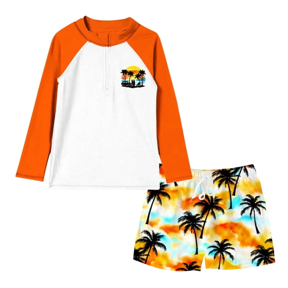 Aideaone 2 Piece Toddler Boys Swimsuit Set Long Sleeve Zipper Rash Guard Bathing Suit Swimswear Top and Swim Trunks Size 8-12Y