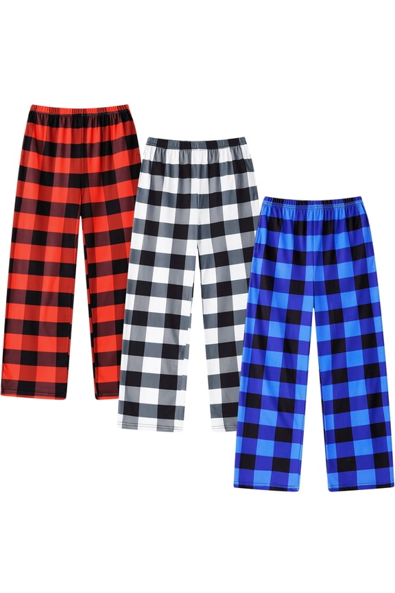 3-Pack Boys Pajama Pants Kids Soft Sleepwear Printed Plaid Pj Bottoms with Pockets for Boys (7-14)