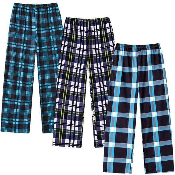 Aideaone 3-Pack Boys Pajama Pants Kids Soft Sleepwear Printed Plaid Pj Bottoms with Pockets for Boys (7-14)