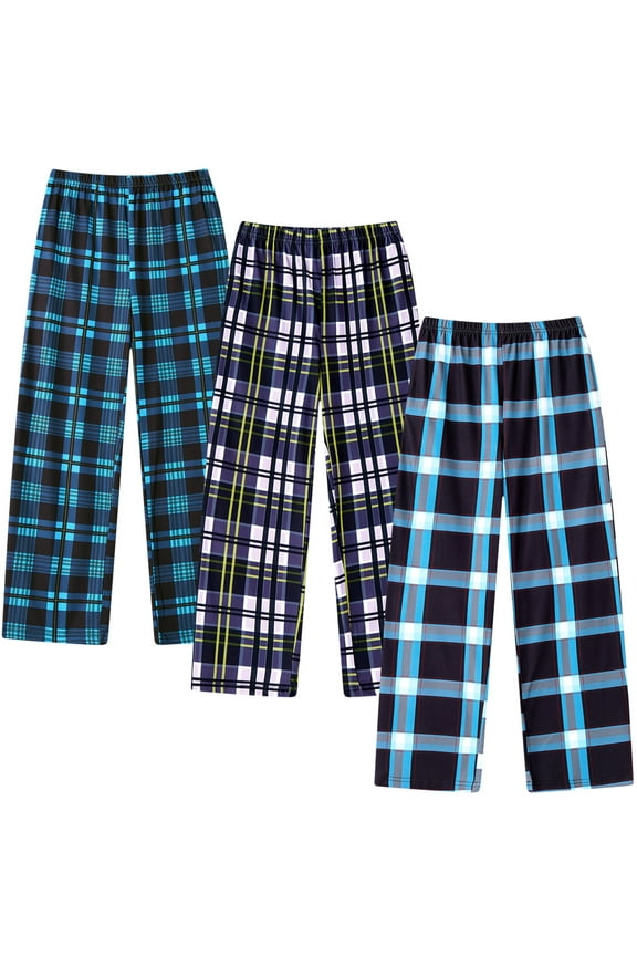 3-Pack Boys Pajama Pants Kids Soft Sleepwear Printed Plaid Pj Bottoms with Pockets for Boys (7-14)