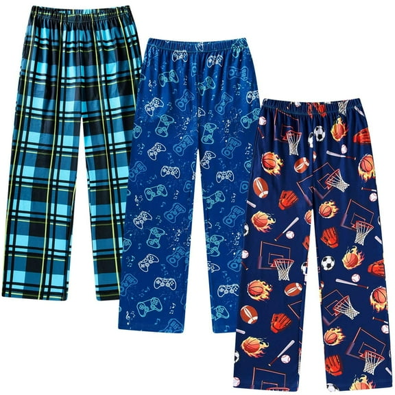 Aideaone 3-Pack Boys Pajama Pants Kids Soft Sleepwear Printed Plaid Pj Bottoms with Pockets for Boys (7-14)