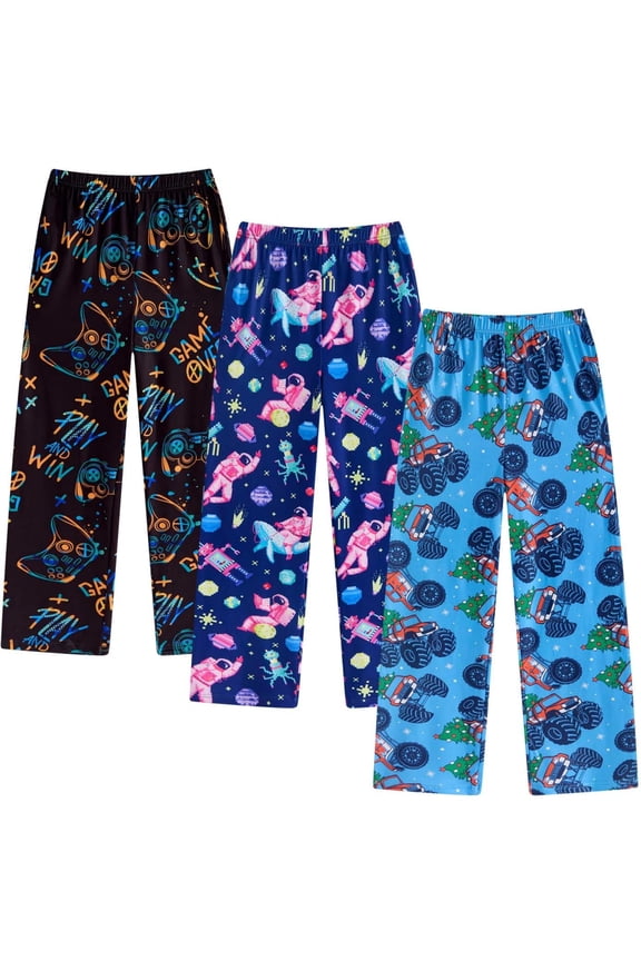3-Pack Boys Pajama Pants Kids Soft Sleepwear Printed Plaid Pj Bottoms with Pockets for Boys (7-14)