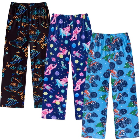 Aideaone 3-Pack Boys Pajama Pants Kids Soft Sleepwear Printed Plaid Pj Bottoms with Pockets for Boys (7-14)