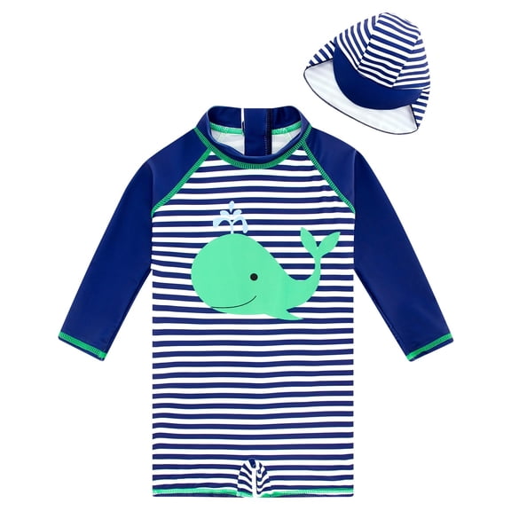 Baby Infant Boys Swimsuit One-Piece with Sun Hat Long Sleeve UPF 50 Rash Guard Swimwear for Boys 3-24 Months