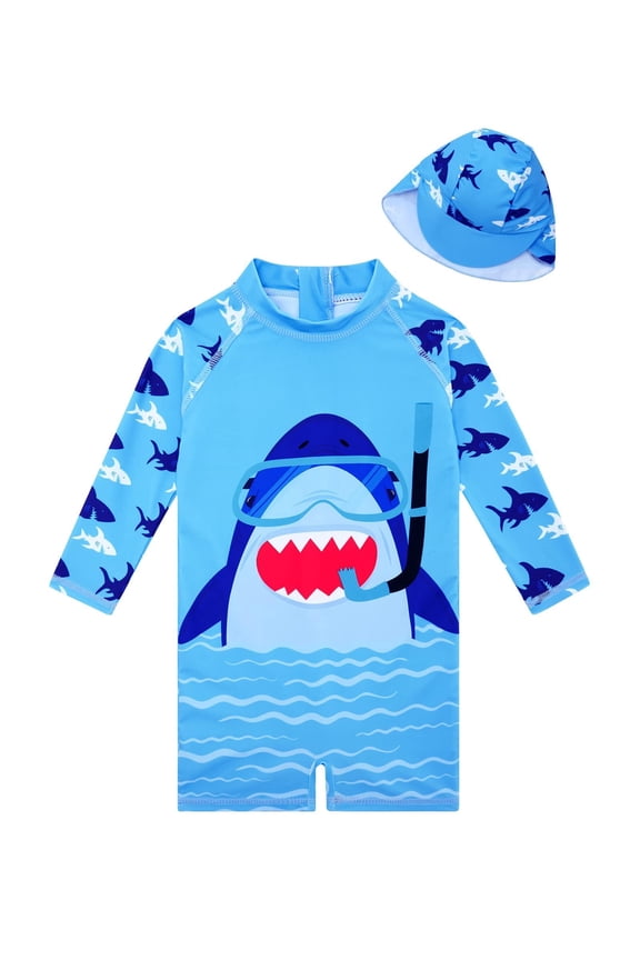 Baby Infant Boys Swimsuit One-Piece with Sun Hat Long Sleeve UPF 50+ Rash Guard Swimwear for Boys 3-24 Months