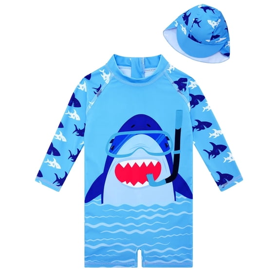 Baby Infant Boys Swimsuit One-Piece with Sun Hat Long Sleeve UPF 50+ Rash Guard Swimwear for Boys 3-24 Months