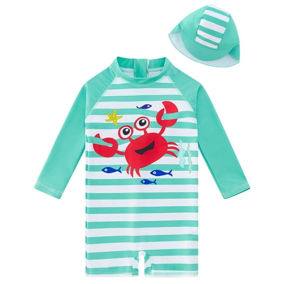 Baby Infant Boys Swimsuit One-Piece with Sun Hat Long Sleeve UPF 50+ Rash Guard Swimwear for Boys 3-24 Months