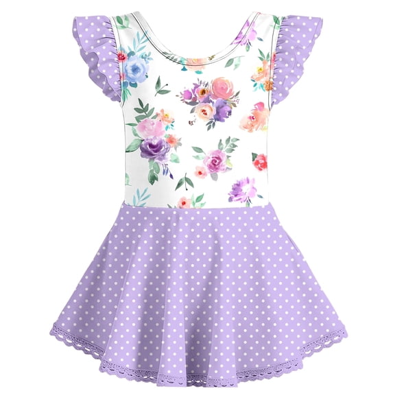 Aideaone Girls Ballet Leotards Dance Leotard Circle Skirt Ruffer Sleeve Ballerina Dresses with Skirted Shorts for Kid 5 - 8T