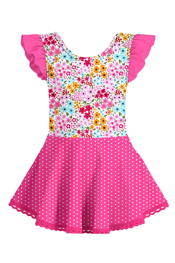 Girls Ballet Leotards Dance Leotard Circle Skirt Ruffer Sleeve Ballerina Dresses with Skirted Shorts for Kid 5 - 8T