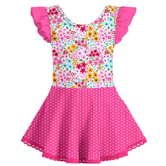 Aideaone Girls Ballet Leotards Dance Leotard Circle Skirt Ruffer Sleeve Ballerina Dresses with Skirted Shorts for Kid 5 - 8T