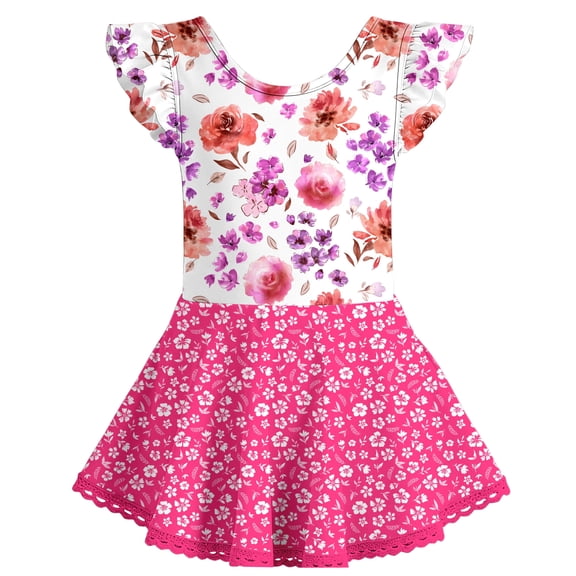 Aideaone Girls Ballet Leotards Dance Leotard Circle Skirt Ruffer Sleeve Ballerina Dresses with Skirted Shorts for Kid 5 - 8T