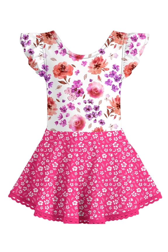 Girls Ballet Leotards Dance Leotard Circle Skirt Ruffer Sleeve Ballerina Dresses with Skirted Shorts for Kid 5 - 8T