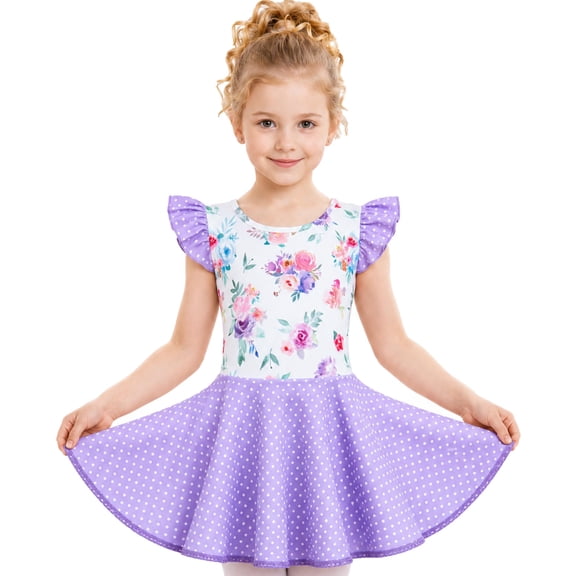 Aideaone Girl's Ballet Leotard Toddler Floral Dance Dresses with Circle Skirt Skirted Shorts Ruffle Sleeve Age 3-8Y