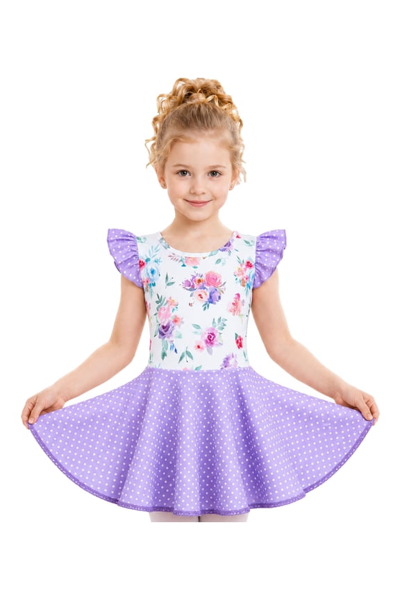 Girl's Ballet Leotard Toddler Floral Dance Dresses with Circle Skirt Skirted Shorts Ruffle Sleeve Age 3-8Y