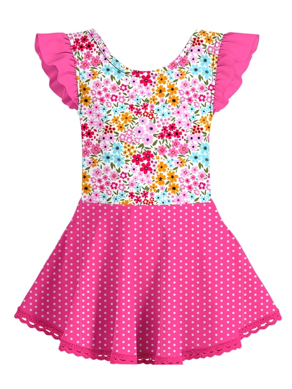 Girl's Ballet Leotard Toddler Floral Dance Dresses with Circle Skirt Skirted Shorts Ruffle Sleeve Age 3-8Y