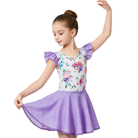 Aideaone Girl's Ballet Leotard Toddler Floral Dance Dresses with Circle Skirt Skirted Shorts Ruffle Sleeve Gymnastics Leotard for Girls 3-8Y