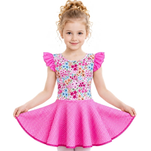 Aideaone Girl's Ballet Leotard Toddler Floral Dance Dresses with Circle Skirt Skirted Shorts Ruffle Sleeve Age 3-8Y