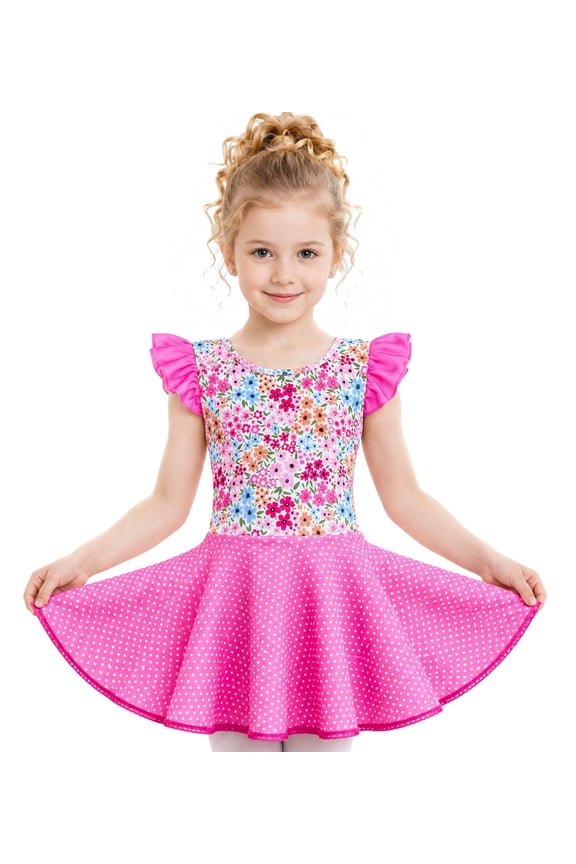 Girl's Ballet Leotard Toddler Floral Dance Dresses with Circle Skirt Skirted Shorts Ruffle Sleeve Age 3-8Y