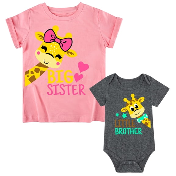 Big Sister Little Brother Matching Outfits Set Toddler Girls T-Shirt & Newborn Baby Boys Bodysuit Short Sleeve Sibling Clothes Set