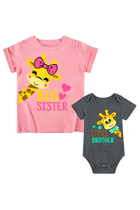 Big Sister Little Brother Matching Outfits Set Toddler Girls T-Shirt & Newborn Baby Boys Bodysuit Short Sleeve Sibling Clothes Set
