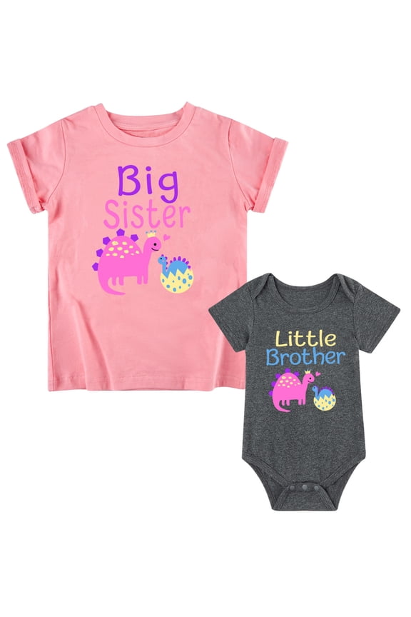 Big Sister Little Brother Matching Outfits Set Toddler Girls T-Shirt & Newborn Baby Boys Bodysuit Short Sleeve Sibling Clothes Set