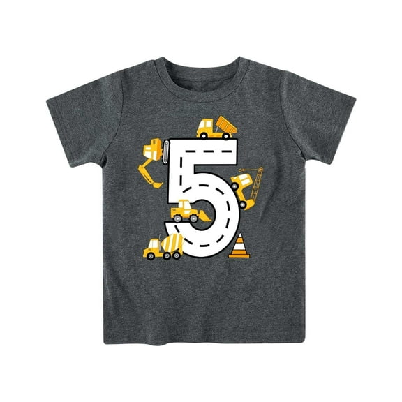 Aideaone Boys T-Shirts Birthday Party Construction Excavator Cotton Short Sleeve Shirt Dark Grey 2-6T