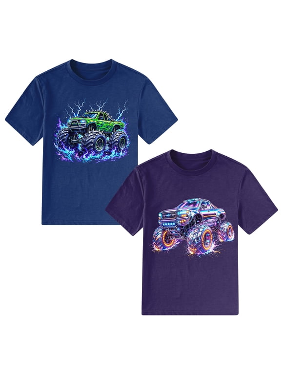 Boys 2 Pack Printed T Shirts Crew Neck Soft Short Sleeve Casual Tees for 7-12 Years Kids