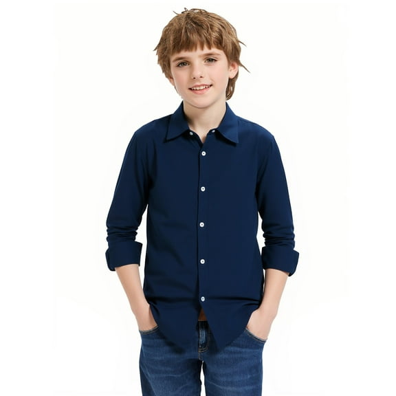 Aideaone Boys' Button-Up Dress Shirt Boys School Uniform Long Sleeve Collared Shirt, Sizes 8-14