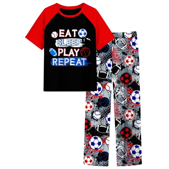 Aideaone Boys' Pajamas Set Short Sleeves Tops & Long Pants 2-Piece Printed Kid Sleepwear Pajamas Set for Boys 6-14Y