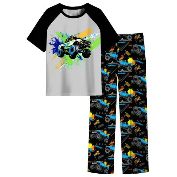 Aideaone Boys' Pajamas Set Short Sleeves Tops & Long Pants 2-Piece Printed Kid Sleepwear Pajamas Set for Boys 6-14Y