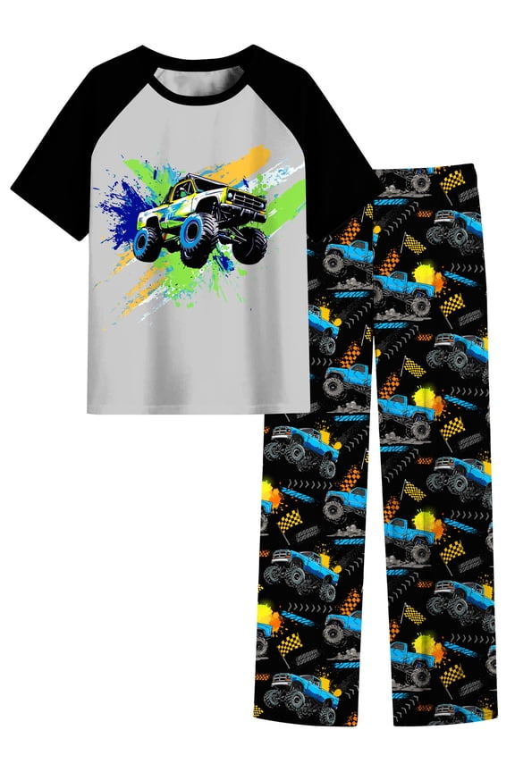 Boys' Pajamas Set Short Sleeves Tops & Long Pants 2-Piece Printed Kid Sleepwear Pajamas Set for Boys 6-14Y