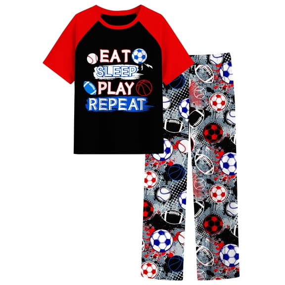 Aideaone Boys' Pajamas Set Short Sleeves Tops & Long Pants 2-Piece Printed Kid Sleepwear Pajamas Set for Boys 6-14Y