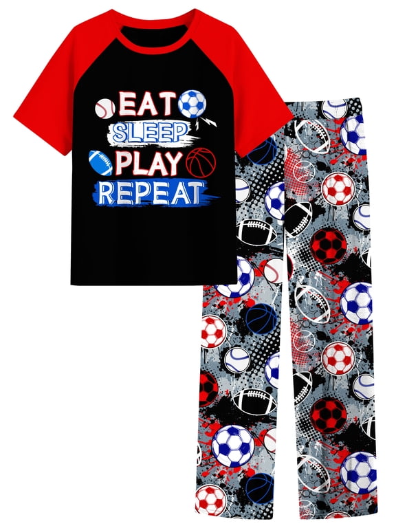 Boys' Pajamas Set Short Sleeves Tops & Long Pants 2-Piece Printed Kid Sleepwear Pajamas Set for Boys 6-14Y