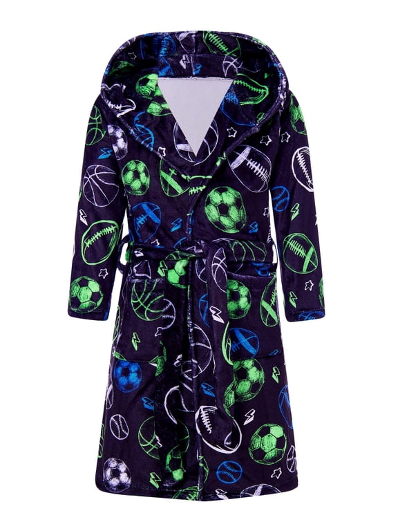Boys Robe Kids Hooded Fleece Bathrobe Soft Fuzzy Pajamas Size 7-14 Years