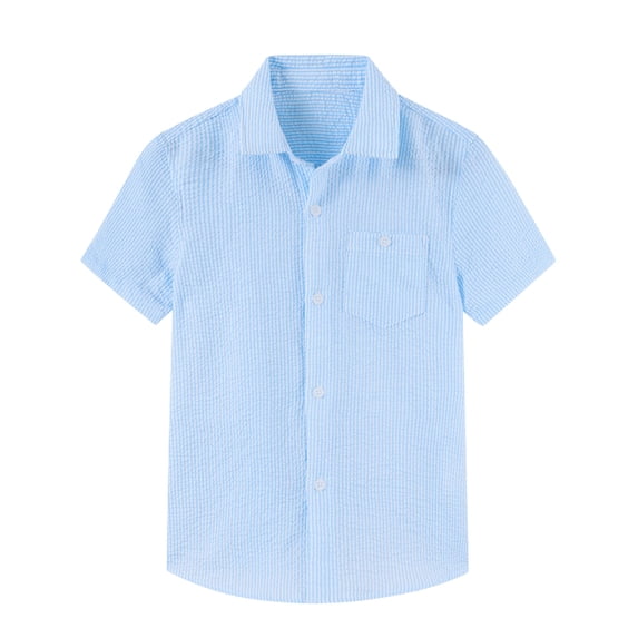 Aideaone Boys Button Down Shirts Short Sleeve Solid Striple Seersucker Shirt with Chest Pocket 5-14 Years
