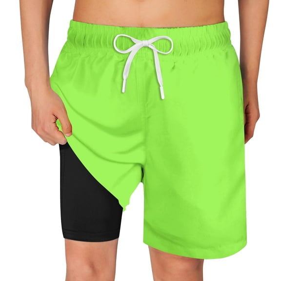Aideaone Boys Swim Trunks with Compression Liner Solid Color Bathing Suits Summer Quick Dry Swimwear Swim Shorts 6-14T