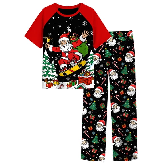 Aideaone Christmas Boys' Pajamas Set Short Sleeves Tops & Long Pants 2-Piece Printed Kid Sleepwear Pajamas Set for Boys 6-14Y
