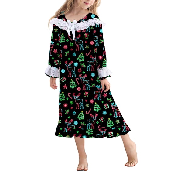 Aideaone Girl Christmas Nightgowns Lace Print Sleepwear Lightweight Nightdress Soft Princess Pajamas Dress 4-12 Years