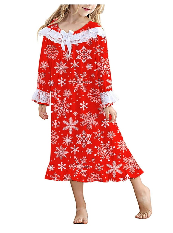 Girl Christmas Snow Nightgowns Lace Print Sleepwear Lightweight Nightdress Soft Princess Pajamas Dress Red 4-12 Years