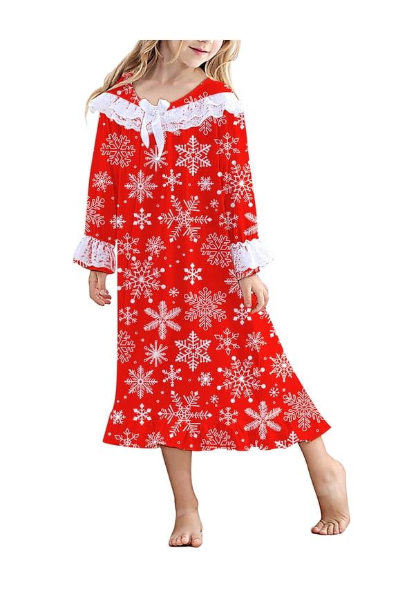 Girl Christmas Snow Nightgowns Lace Print Sleepwear Lightweight Nightdress Soft Princess Pajamas Dress Red 4-12 Years