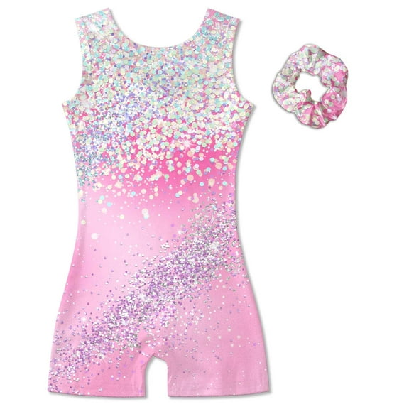 Aideaone Girl Gymnastic Leotards with Hair Scrunchie Sparkle Dance Unitards for 4-12Years