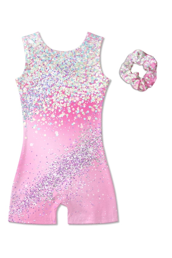 Aideaone Girl Gymnastic Leotards with Hair Scrunchie Sparkle Dance Unitards for 4-12Years