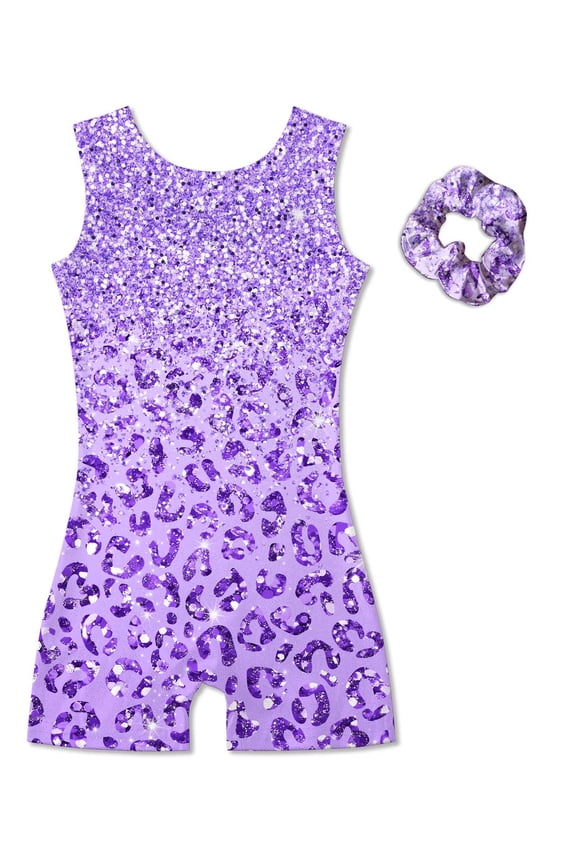 Girl Gymnastic Leotards with Hair Scrunchie Sparkle Dance Unitards for 4-12Years