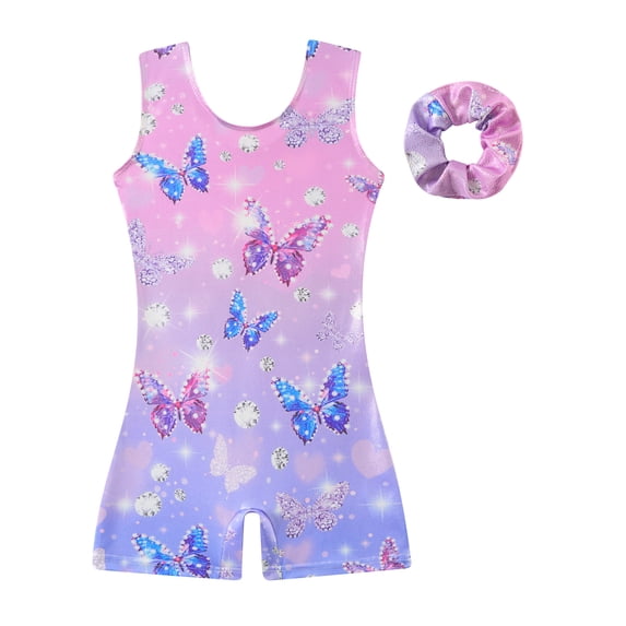 Aideaone Girl Gymnastic Leotards with Hair Scrunchie Sparkle Dance Unitards for 4-12Years