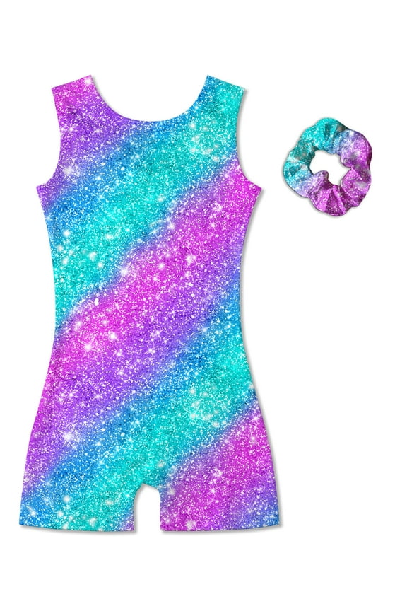 Aideaone Girl Gymnastic Leotards with Hair Scrunchie Sparkle Dance Unitards for 4-12Years